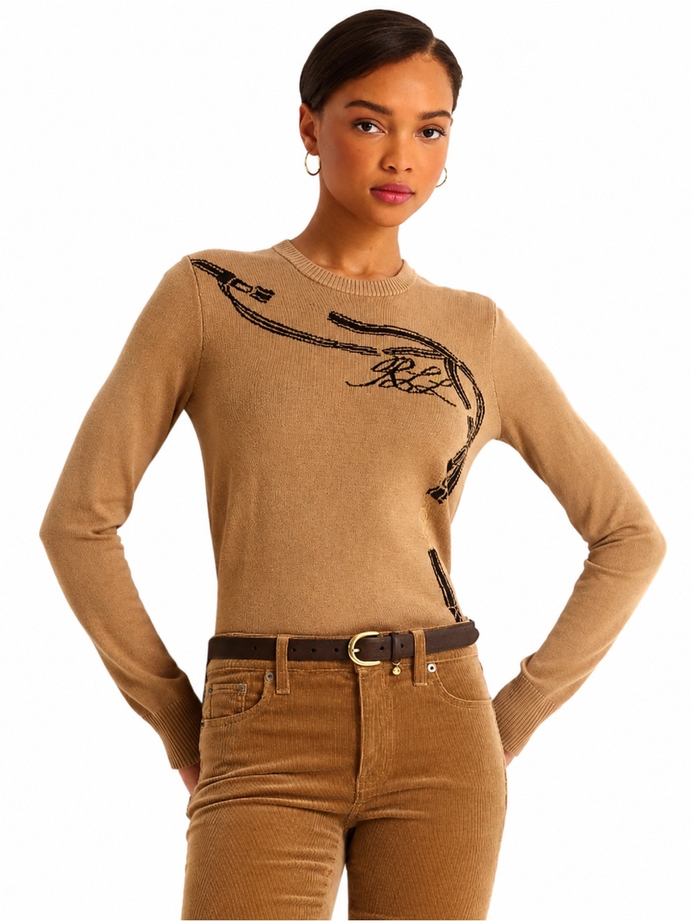Lauren Ralph Lauren Janitra Equestrian Bridle Sweater XXL Camel Gold